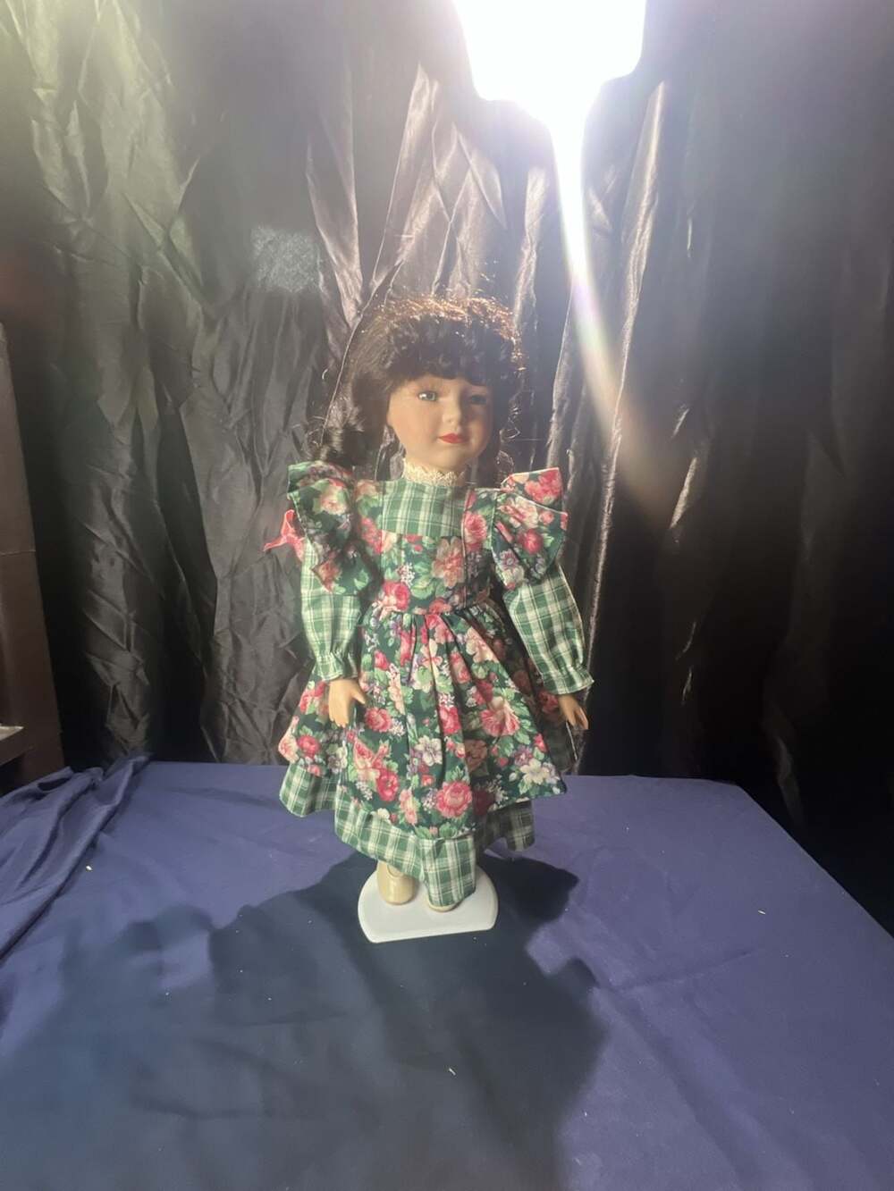 Vintage Porcelain Girl Doll with Brown Braided Hair in Floral Dress, 17 Inches
